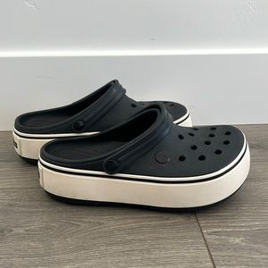 Black and white platform crocs